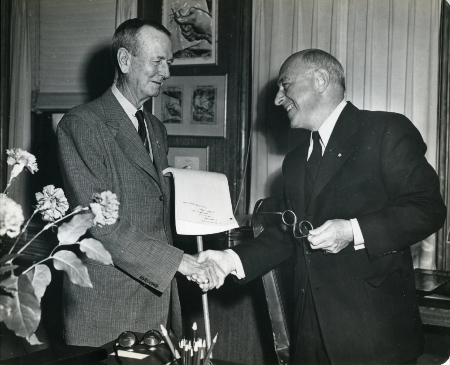 Formal Handshake and Document Presentation, General Wainwright Photo Album, 1949