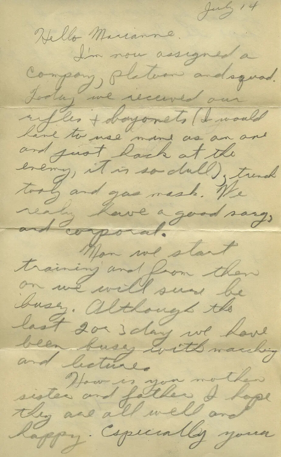 Handwritten Letter to Marianne, 'July 14' — Basic Training Correspondence, Moon/Sammiet Collection