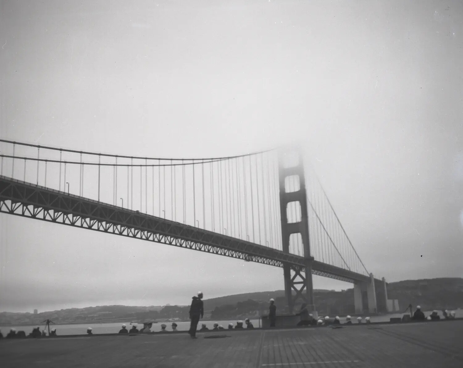Aircraft Carrier Passing Beneath the Golden Gate Bridge, San Francisco, World War II Era