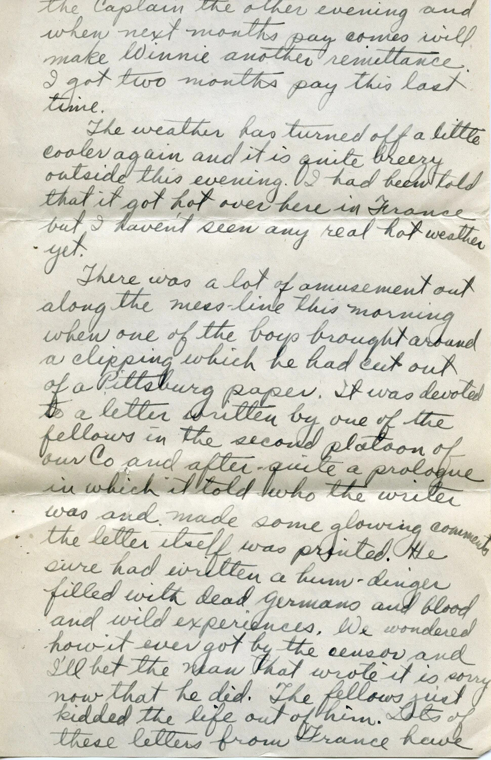 Handwritten WWI Letter Page, Pvt. Willis W. Wagener, France — Letter 7, Page C