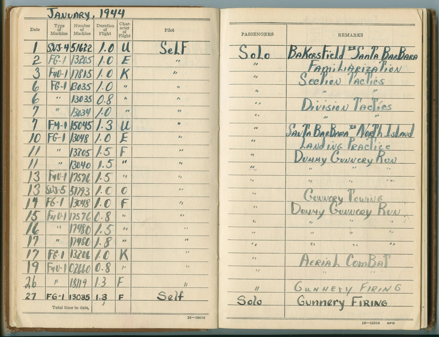 Pilot's Flight Log Book, January 1944 — Fighter Training Syllabus, McAleer Collection
