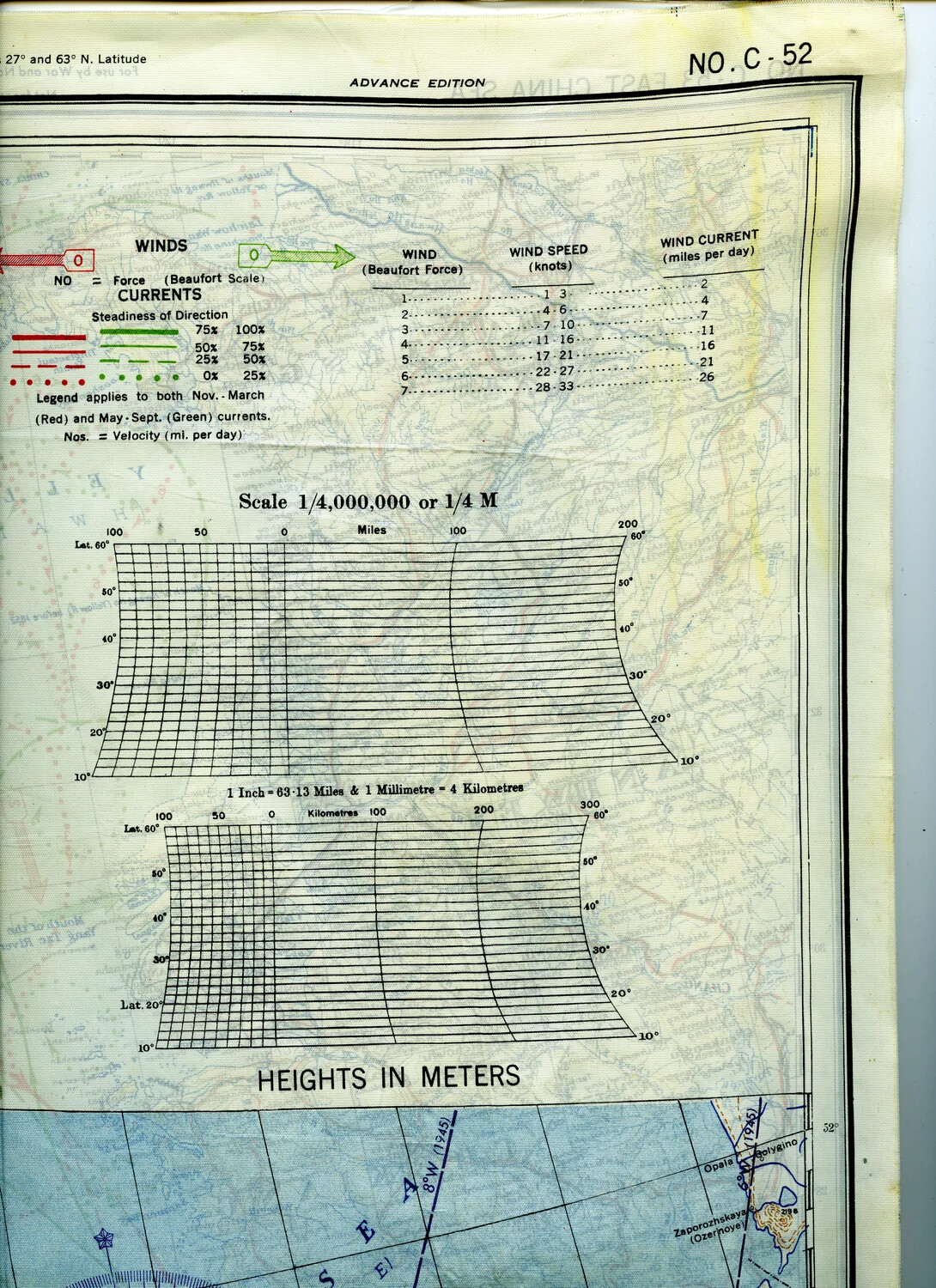 AAF Cloth Chart No. C-52 - Legend, Wind/Current Key, and Scale Bar Detail