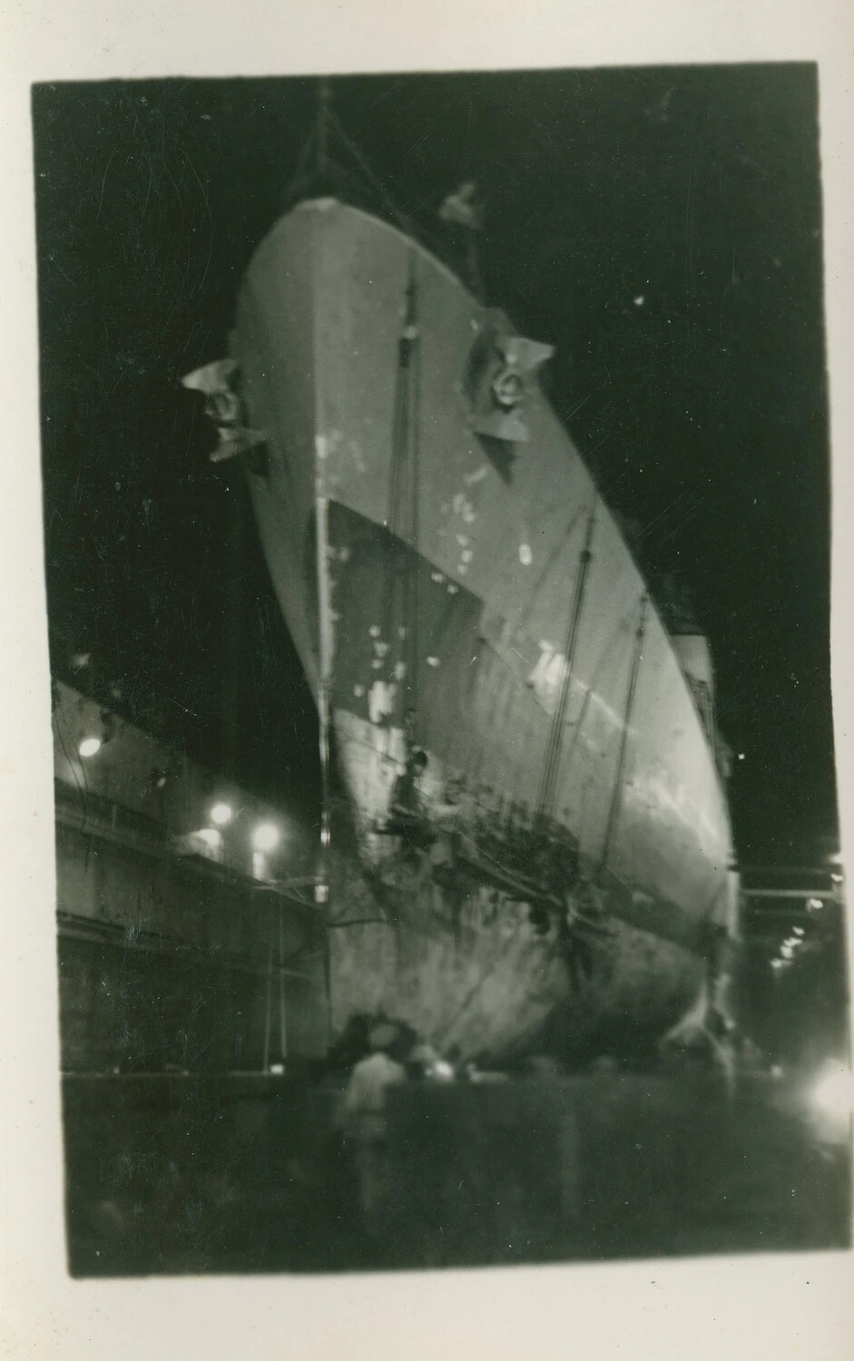 Destroyer Escort in Floodlit Drydock at Night — WWII Leyte Collection
