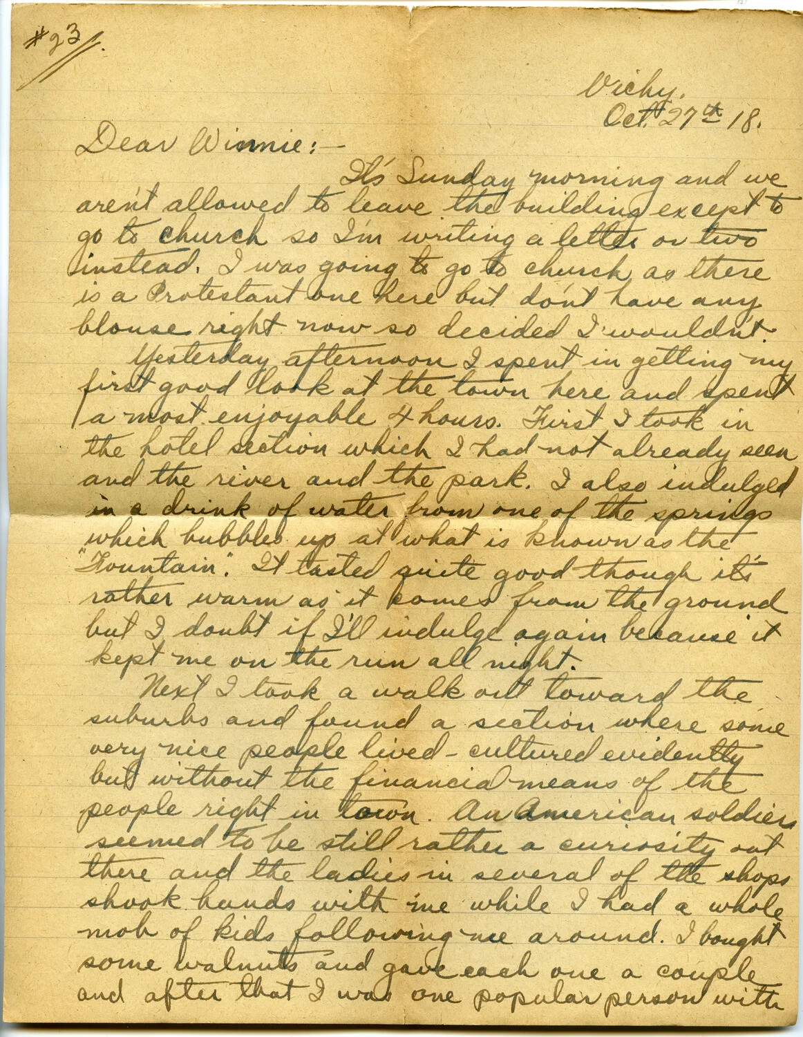 WWI Letter Home from Vichy, France — Pvt. Willis W. Wagener, October 1918