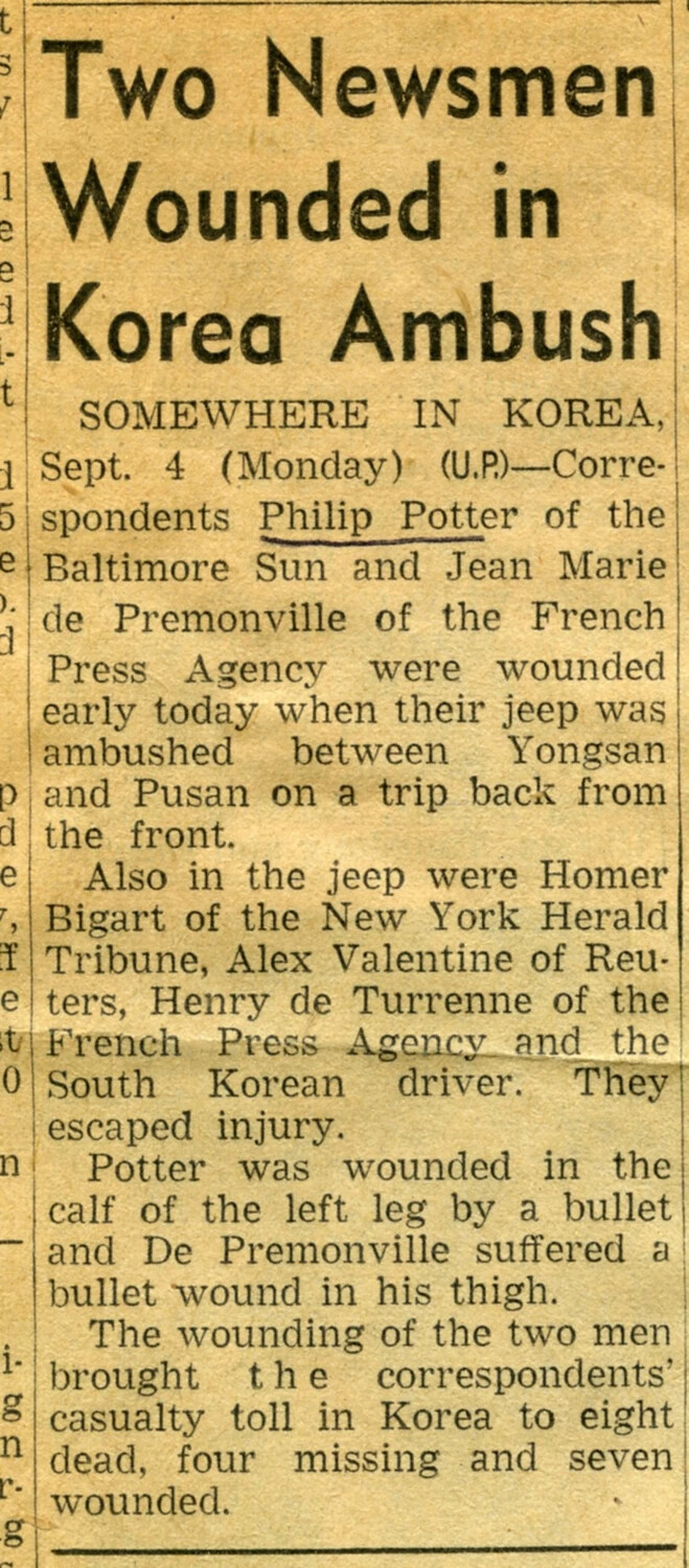 Newspaper Clipping: 'Two Newsmen Wounded in Korea Ambush' (United Press Dispatch, September 4)