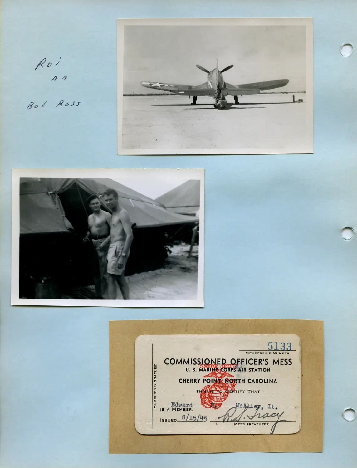Edward P. McAleer Scrapbook Page: F4U Corsair at Roi, Marine Tent Camp, and Cherry Point Officer's Mess Card