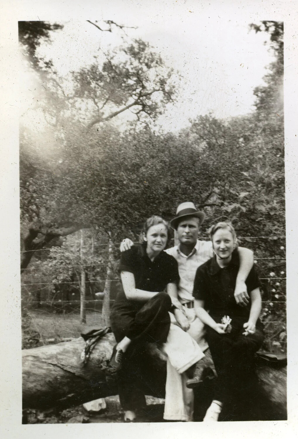 Informal Group Portrait of Three Young Adults on a Fallen Log, Rural Wooded Setting, c. 1930s