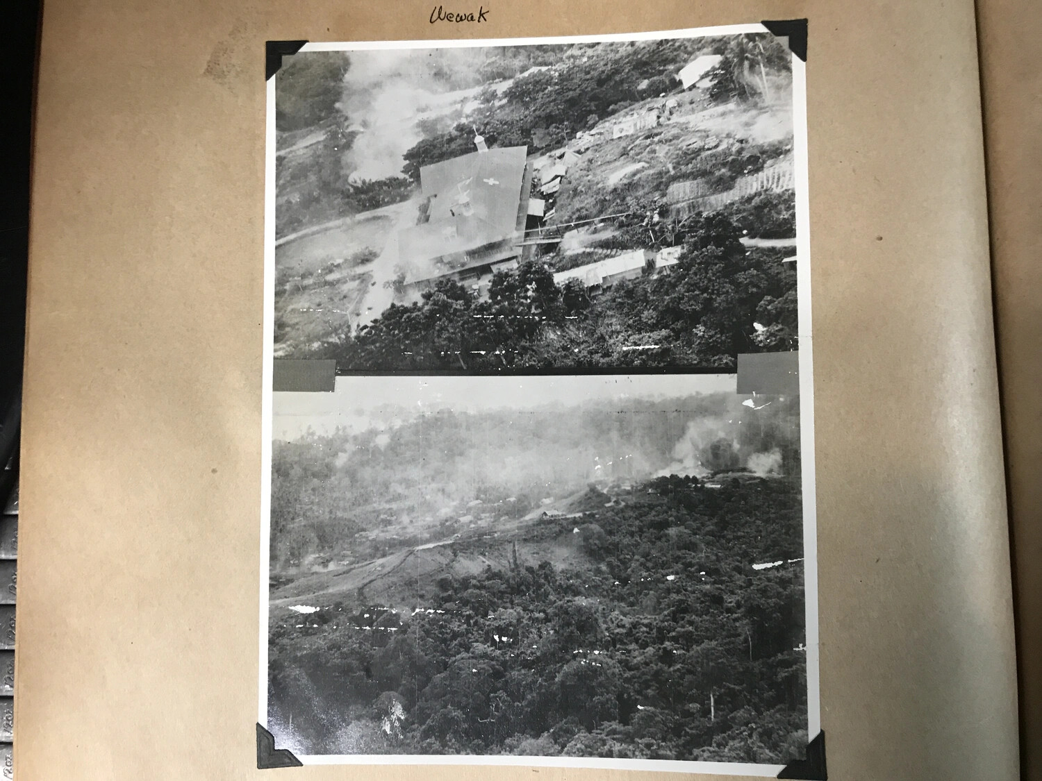 Album Page: Two Aerial Views of Wewak, New Guinea, with Marked Building