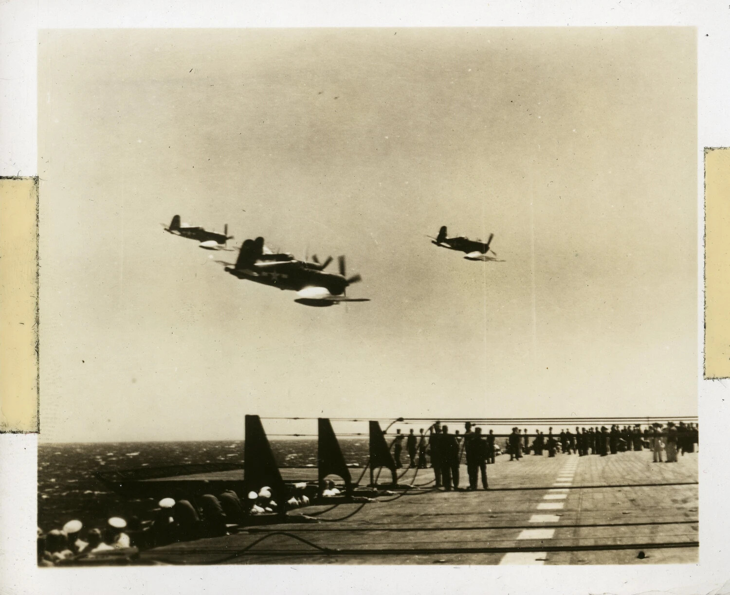 Navy Fighters in Formation Flyby over USS Franklin D. Roosevelt (CVB-42) Flight Deck