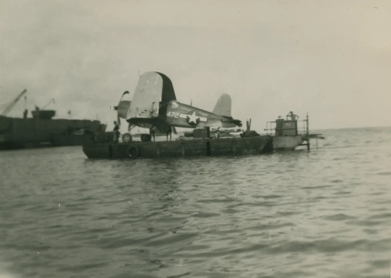 F4U Corsair "A72" on Floating Barge/Pontoon Dock, Pacific Theater, WWII