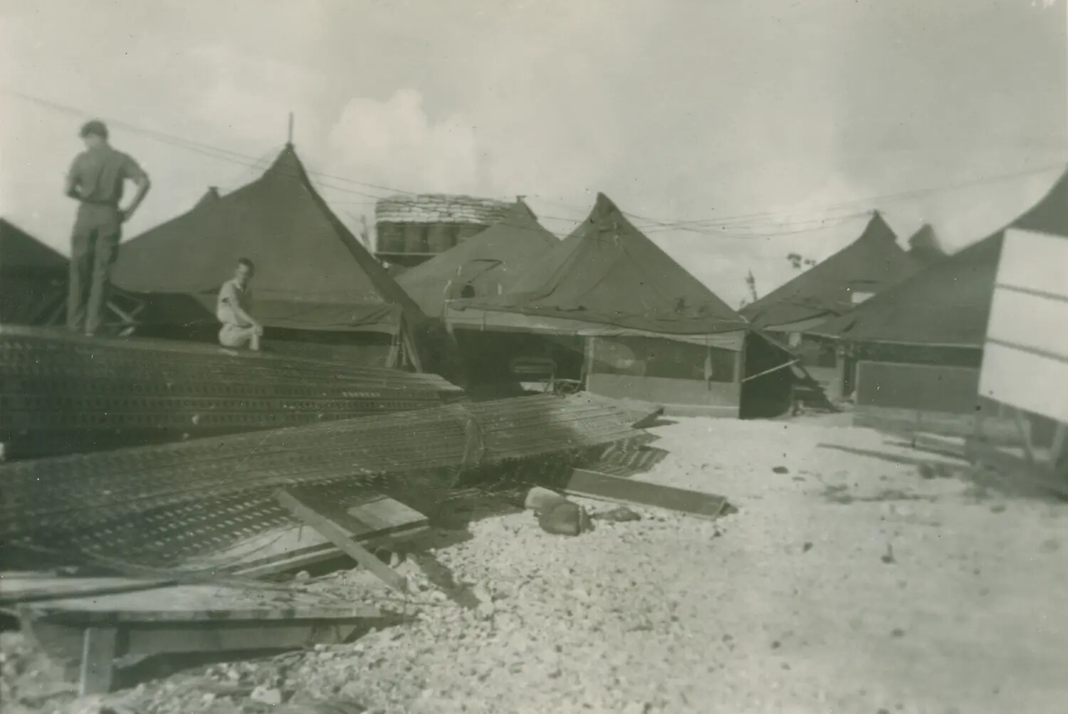 U.S. Military Tent Camp with Marston Mat Stacks – Pacific Theater, WWII