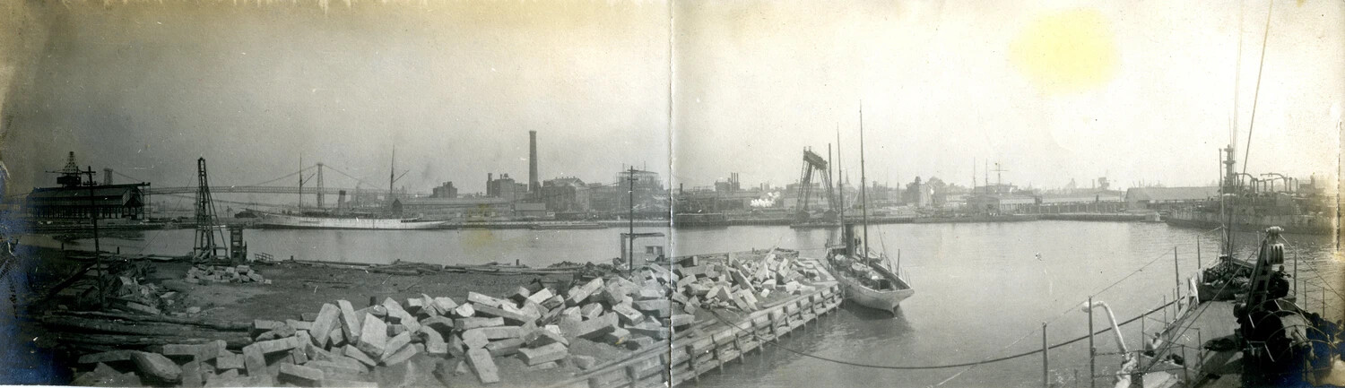 Panoramic View of Cobb Dock, New York Harbor - USS Columbia Album, c. 1898-1910s