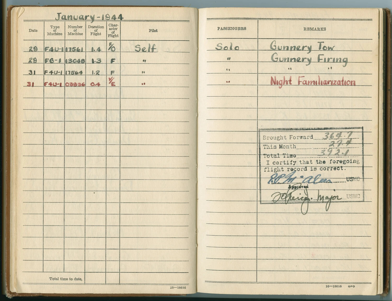 USMC Pilot Flight Logbook Page, January 1944, F4U-1/FG-1 Corsair Gunnery Training, Edward P. McAleer