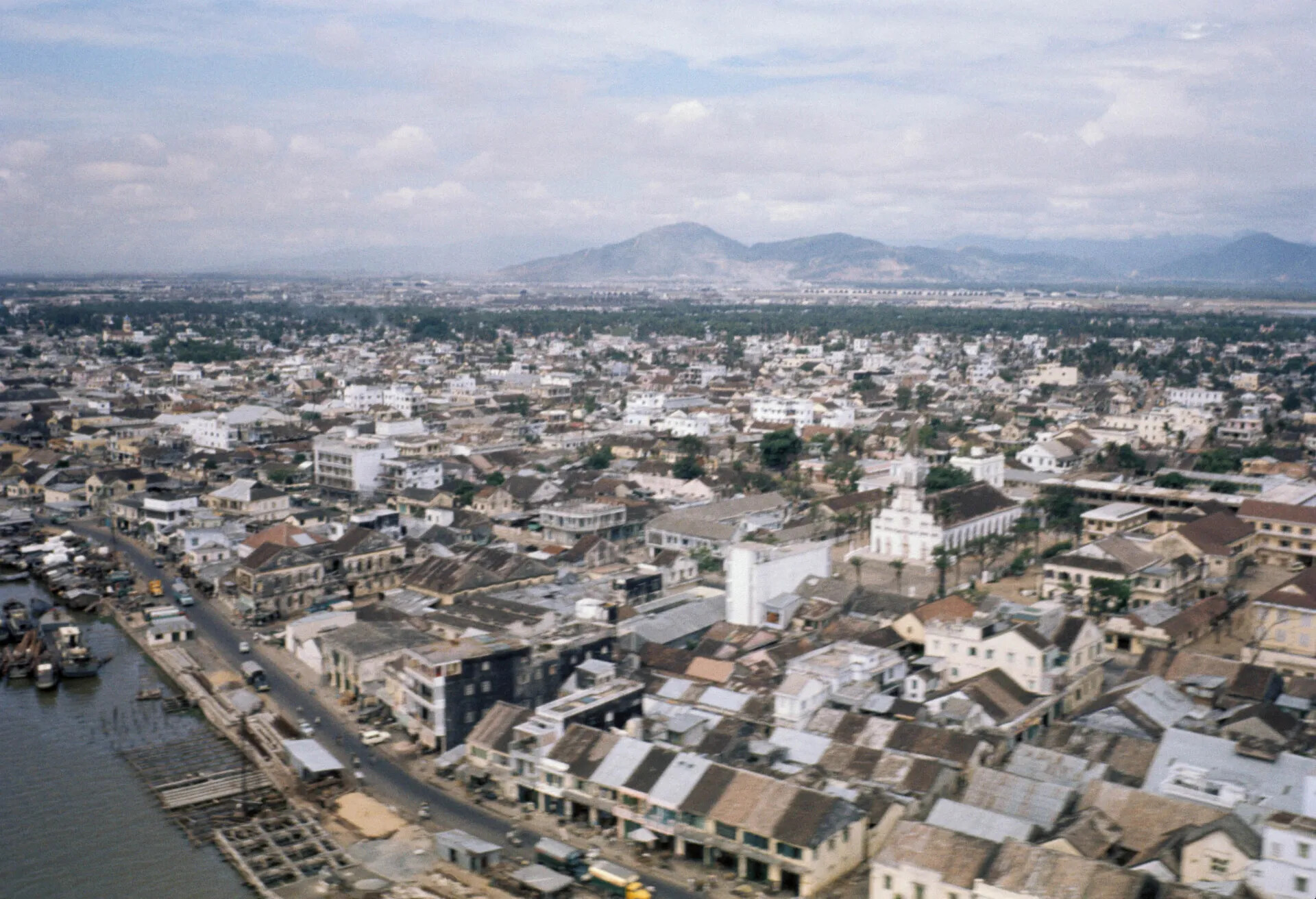 Aerial View of South Vietnamese Coastal City with Airfield, Vietnam War Era