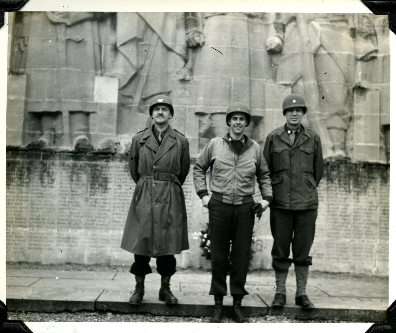 Three American Servicemen at European War Memorial - Jervey Signal Corps Album