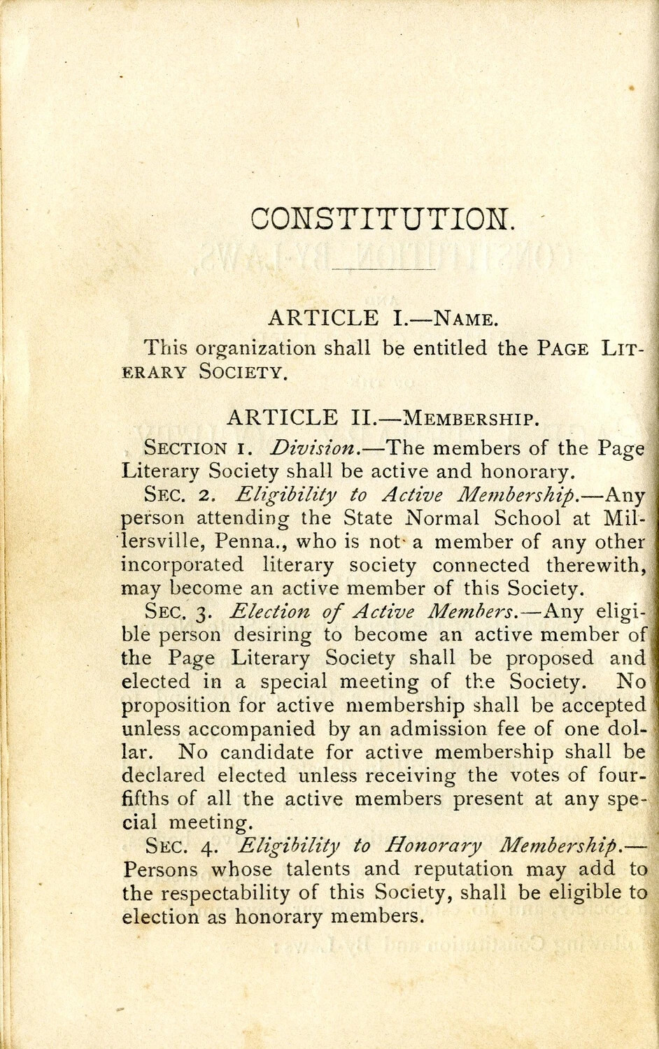 Constitution of the Page Literary Society -- State Normal School, Millersville, Pennsylvania (Willis W. Wagener Collection)