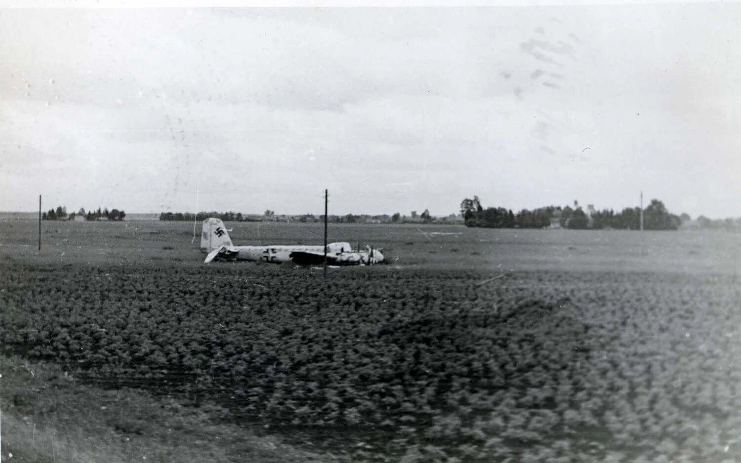 Wrecked Luftwaffe Aircraft with Visible Balkenkreuz and Swastika Markings in Farm Field, WWII
