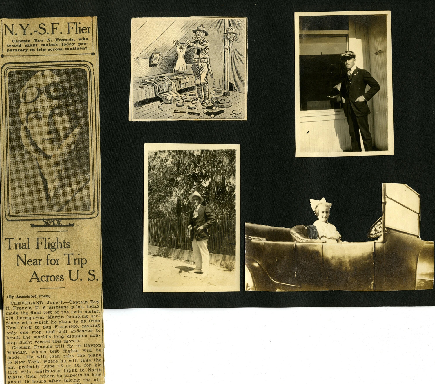 Scrapbook Page: 'N.Y.-S.F. Flier' Newspaper Clipping, WWI Cartoon, and Family Snapshots