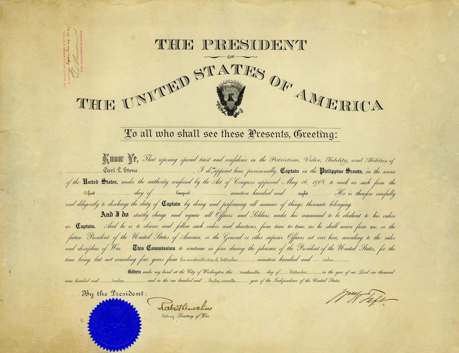 Presidential Commission Appointing Carl L. Stone as Captain, Philippine Scouts (1908/1912)