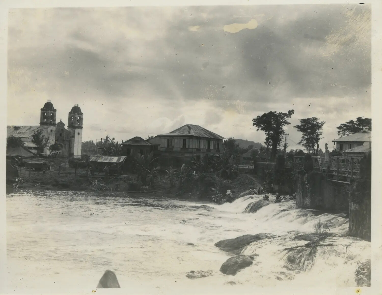 Philippine River Town with Colonial Church and Rapids