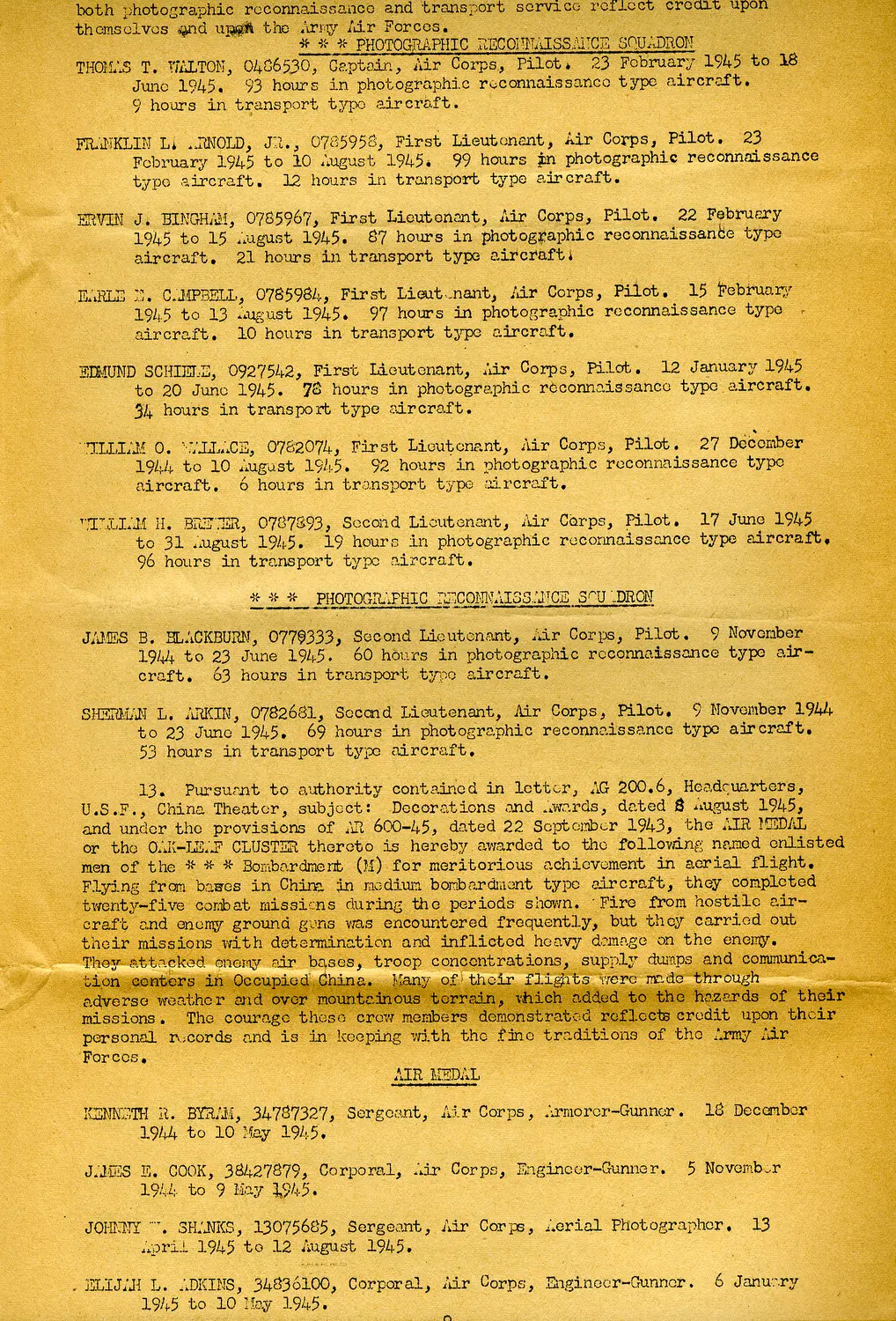 Typed Personnel and Air Medal Citation Roster, USAAF China Theater, 1944-1945