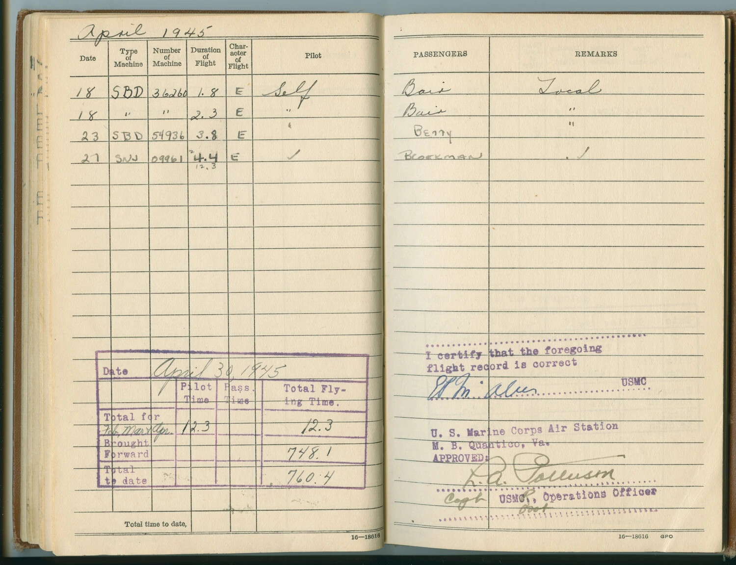 Marine Corps Aviator's Flight Log Book, April 1945 Entries, MCAS Quantico, Virginia