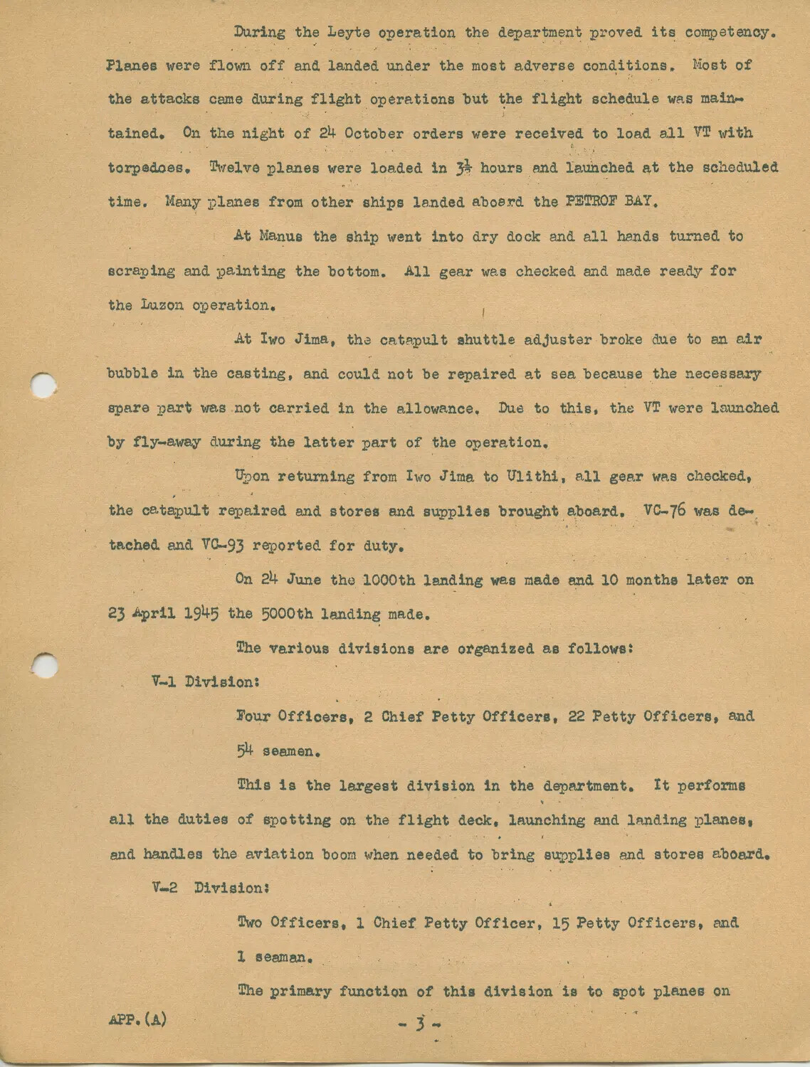 Typed Page 3 of Appendix (A): USS Petrof Bay (CVE-80) Air Department War History, Leyte through Luzon Operations