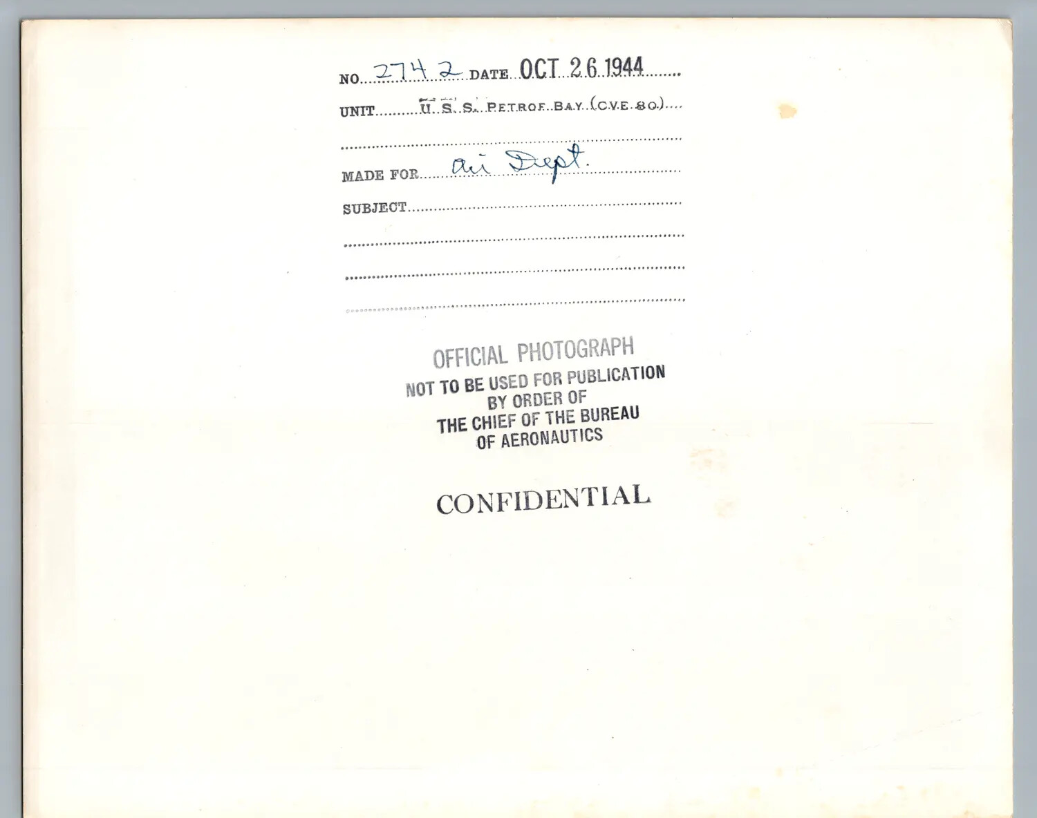 Caption Card, Official U.S. Navy Photograph No. 274-2, USS Petrof Bay (CVE-80), 26 October 1944