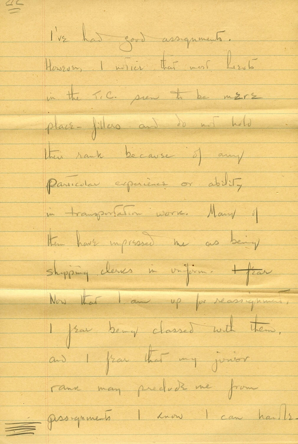 Handwritten Draft Memoir/Request Letter Page (Page 22), U.S. Army Transportation Officer, CBI Theater, WWII - Critique of Transportation Corps Lieutenants and Fear of Reassignment
