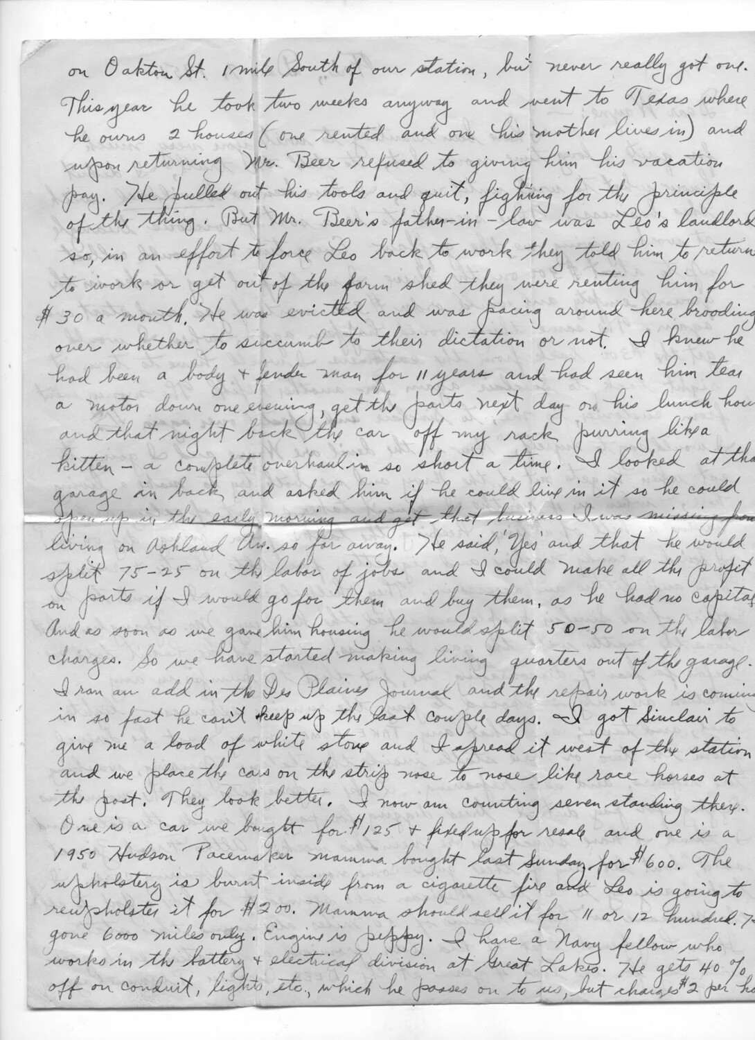 Handwritten Family Letter Describing Des Plaines Garage Business - Bancroft Korean War Papers