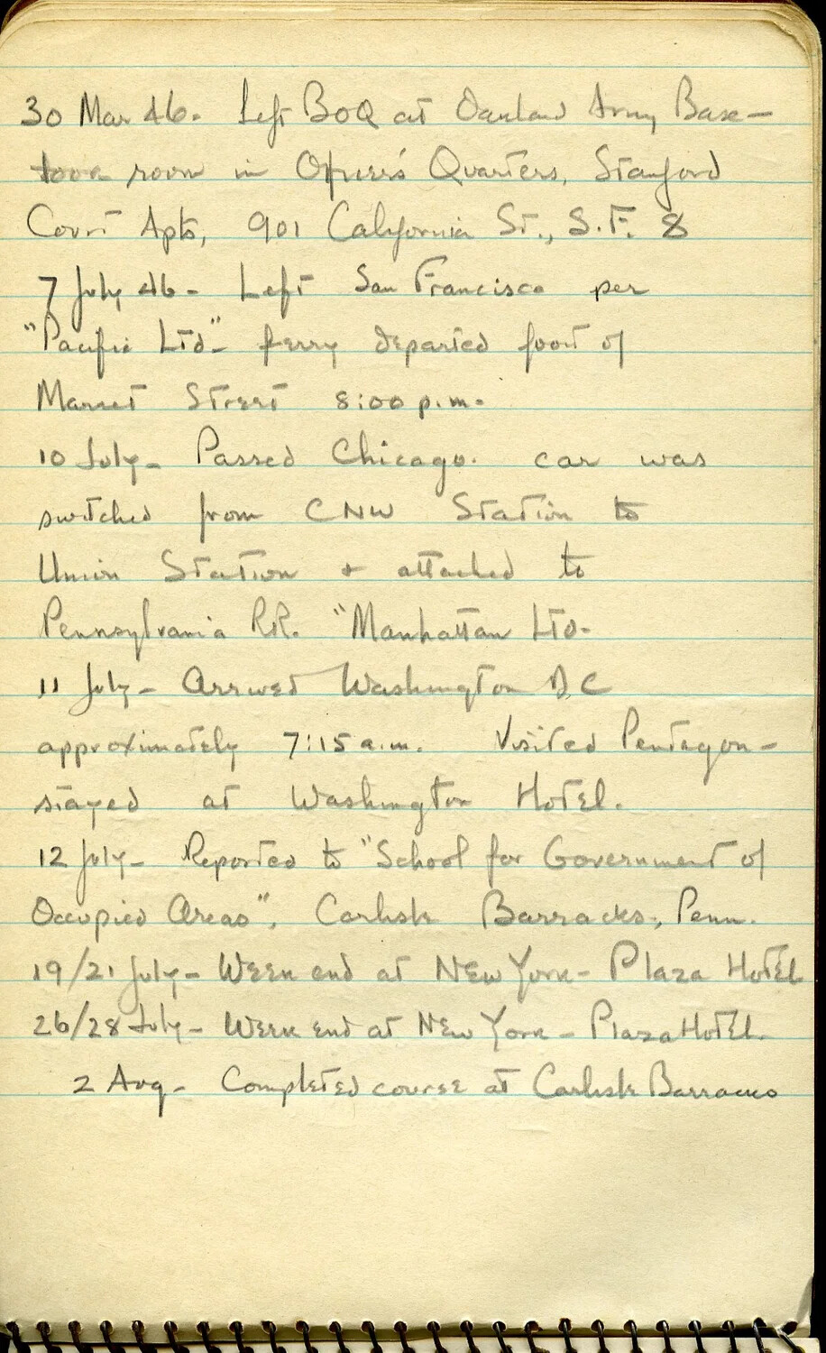 Handwritten Diary Page: Postwar Assignment to the School for Government of Occupied Areas, Carlisle Barracks, March-August 1946