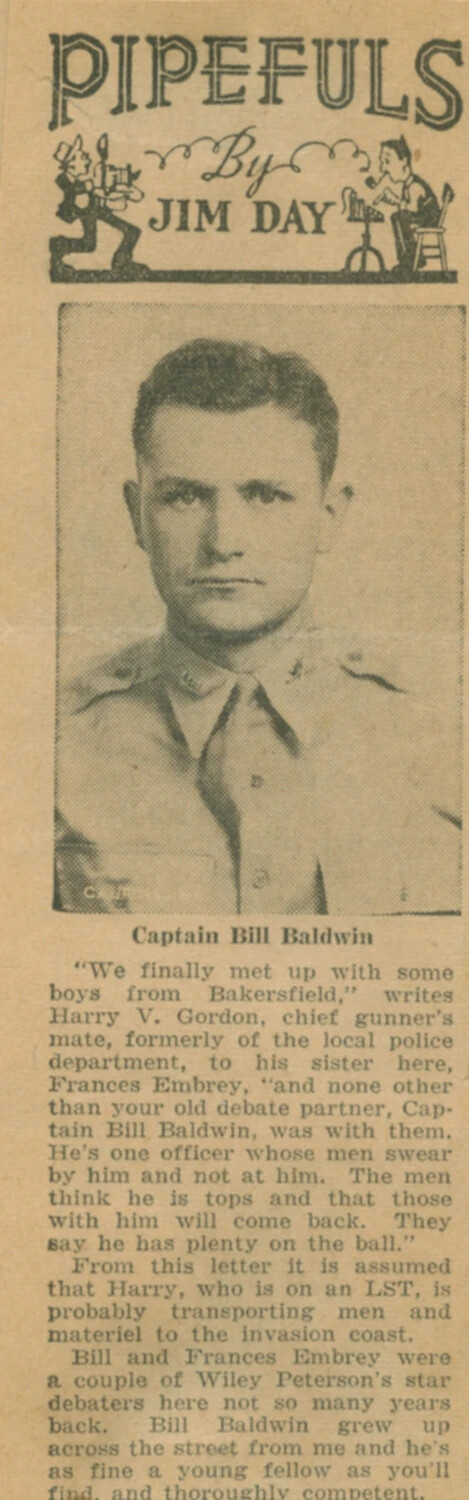Newspaper Clipping: 'Pipefuls' Column Featuring Captain Bill Baldwin, WWII Hometown News Feature