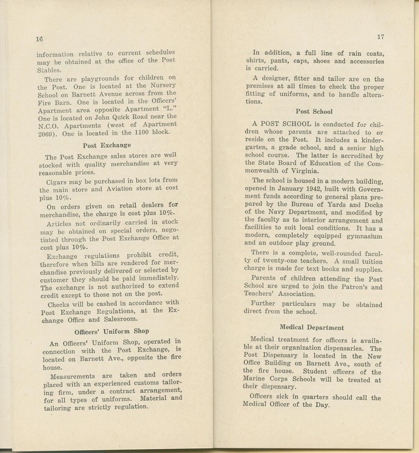 Printed Base Information Booklet, Pages 16-17 (Marine Corps Base Quantico, Virginia), Pat McAleer Collection