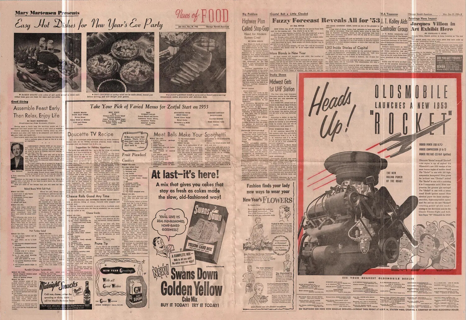 Chicago Herald-American Newspaper Page, "News of Food" and General News, December 29, 1952