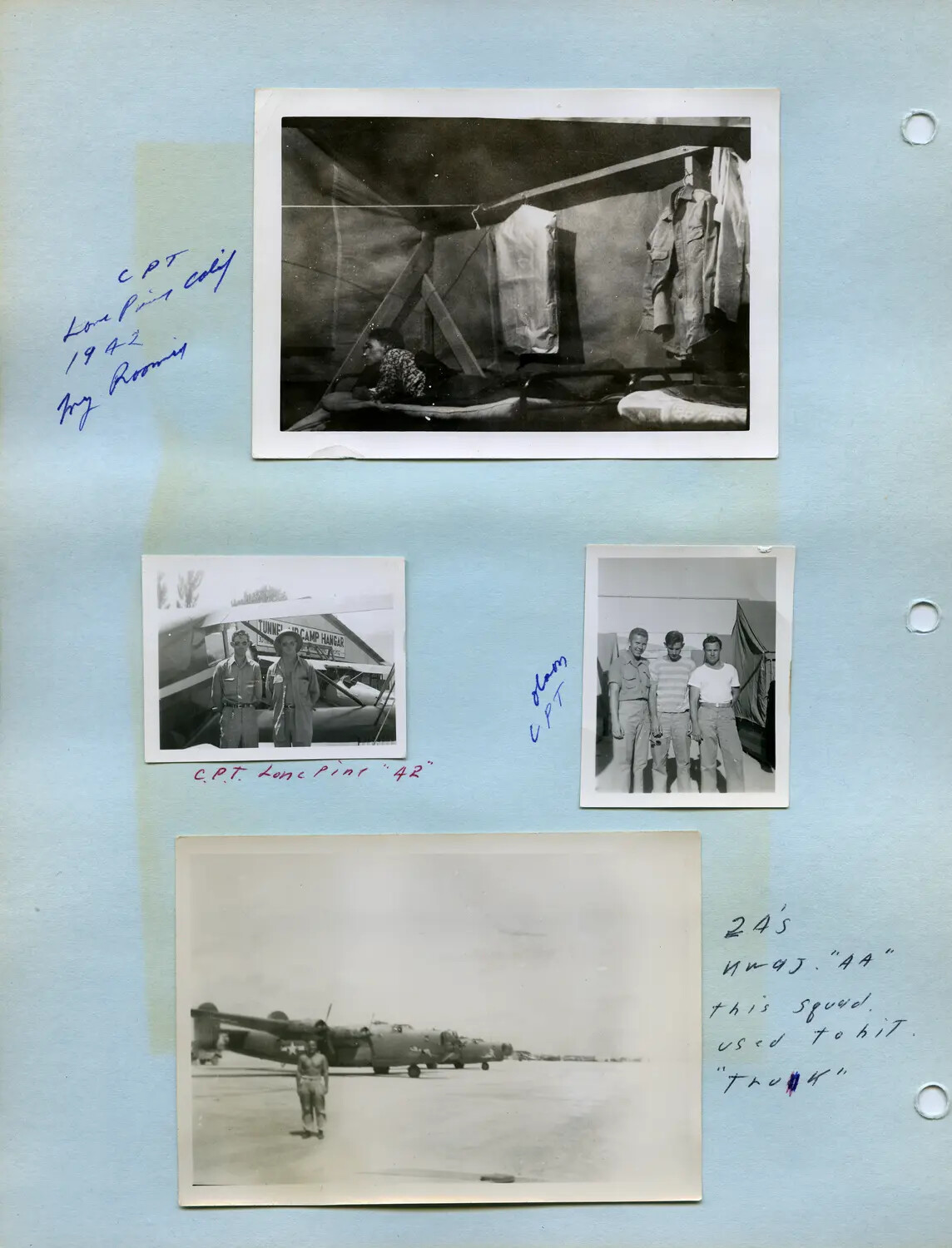 Edward P. McAleer Photo Album Page — CPT Training, Lone Pine, California, 1942, and B-24 Squadron 'Truk' Missions