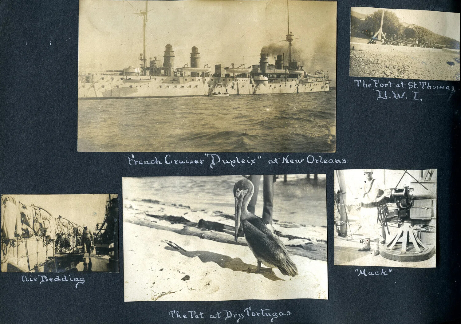 Album Page: French Cruiser Dupleix, Fort St. Thomas, and Shipboard Scenes