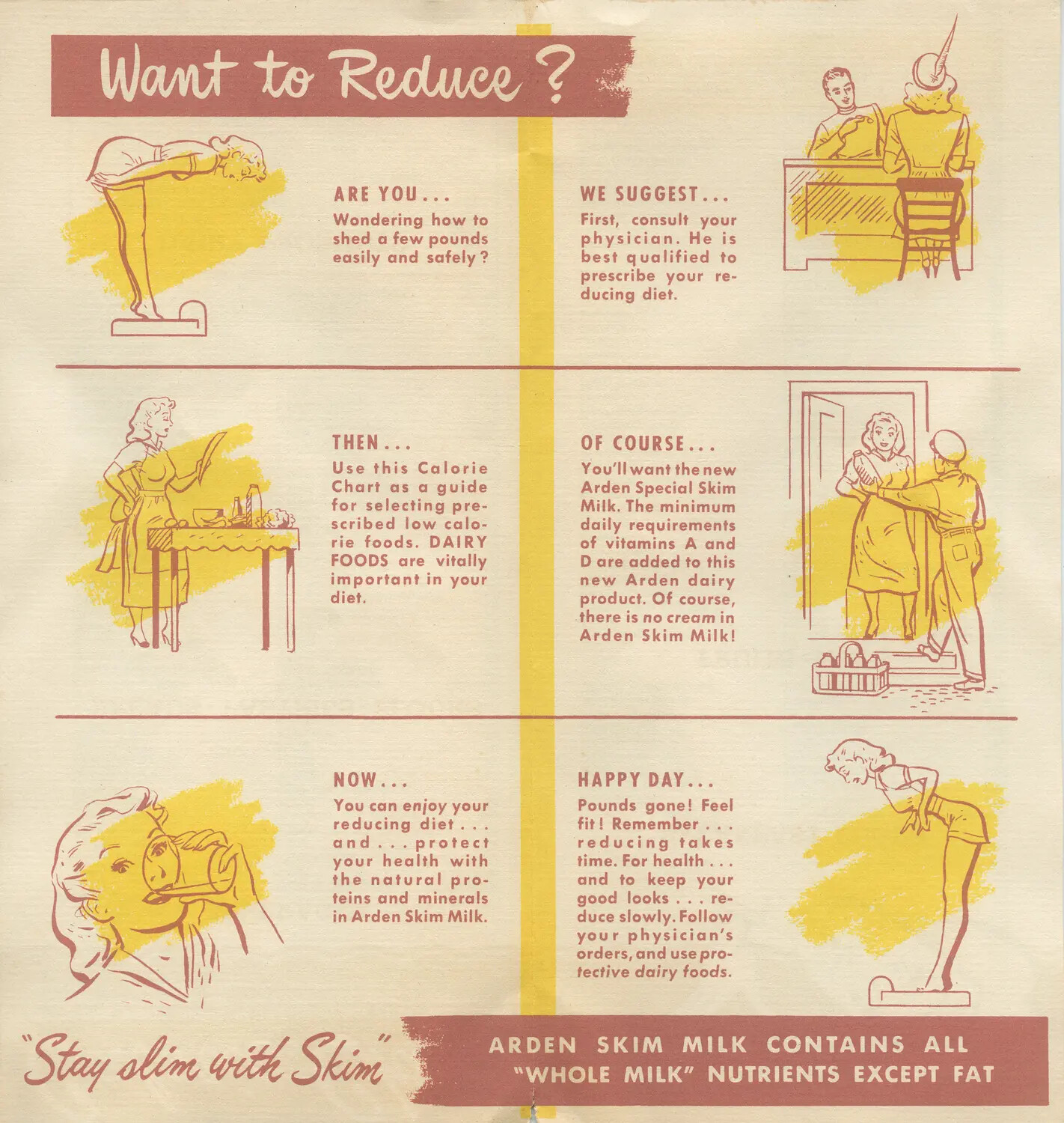 Vintage Print Advertisement: 'Want to Reduce? Stay Slim with Skim' — Arden Skim Milk, c. 1940s-1950s (Non-Military Item, Appears Misfiled)