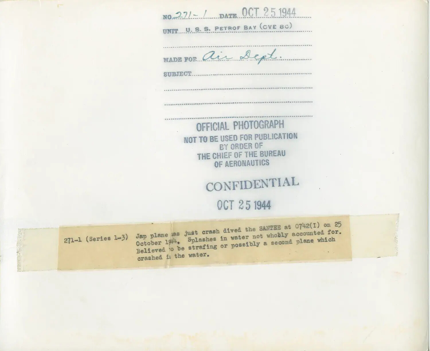 USS Petrof Bay (CVE-80) Official Photograph Verso: Caption Card Documenting Kamikaze Attack on USS Santee, 25 October 1944