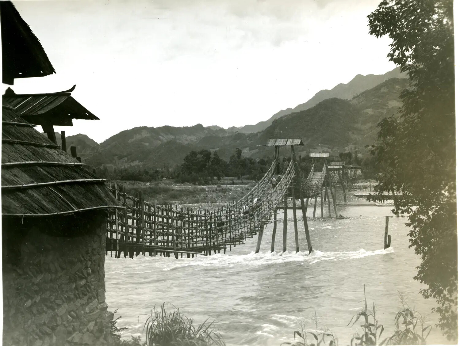 Traditional Bamboo Suspension Footbridge Across a River, China-Burma Border Region, World War II Era