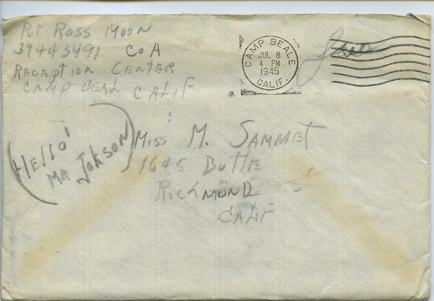 WWII Envelope from Pvt. Ross Moon, Camp Beale Reception Center, to Miss M. Sammet, Richmond, California (July 8, 1945)
