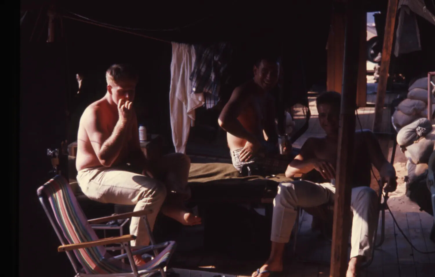 Vietnam War Era Color Slide: Off-Duty Servicemen Relaxing in Tent Quarters, Cam Ranh Bay, Vietnam