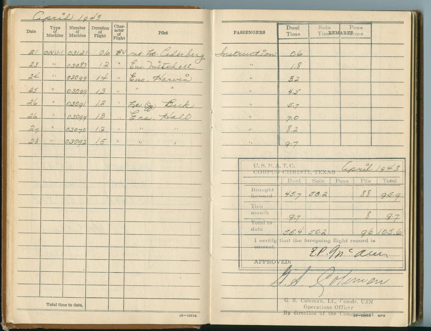 US Navy Flight Log Book, April 1943 — NAS Corpus Christi Primary Flight Training (E.P. McAleer)