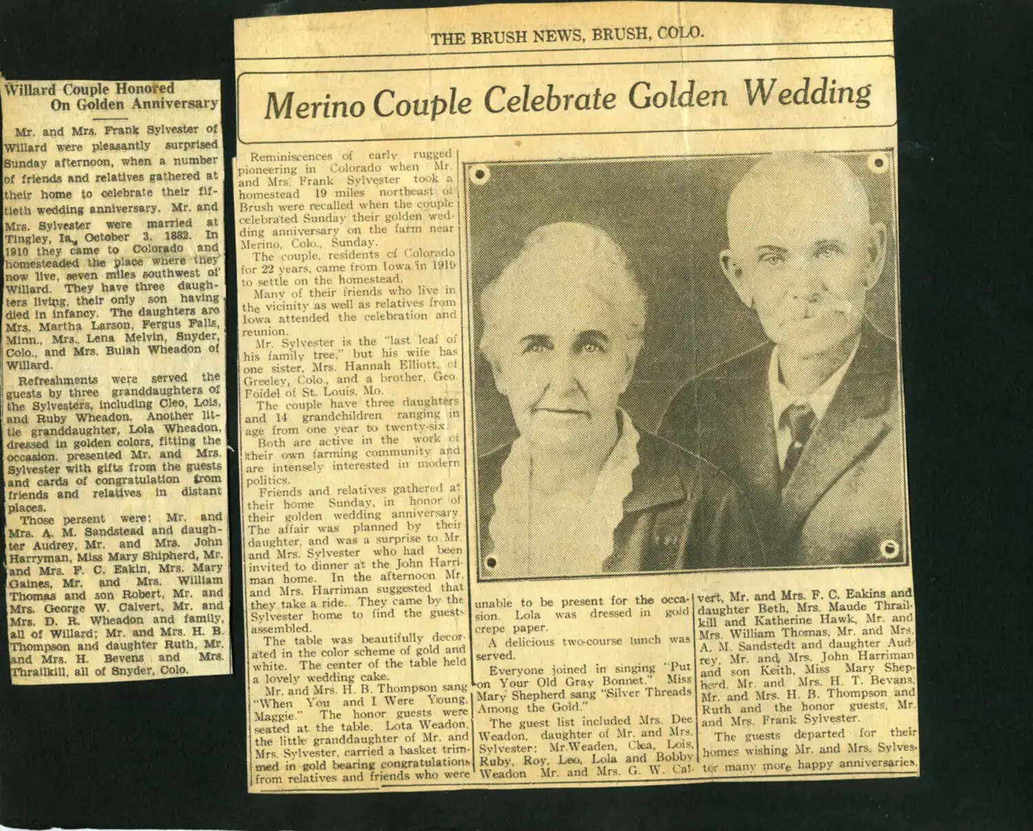 Newspaper Clippings: Golden Wedding Anniversary of Mr. and Mrs. Frank Sylvester, Colorado