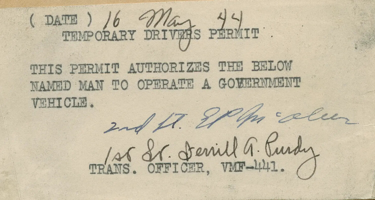 Temporary Drivers Permit for 2nd Lt. E. P. McAleer, VMF-441, 16 May 1944
