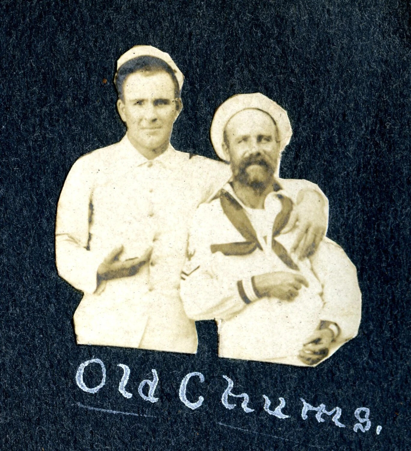 "Old Chums" - Two U.S. Navy Sailors in White Undress Uniform, Cut-Out Album Portrait, c. 1900s