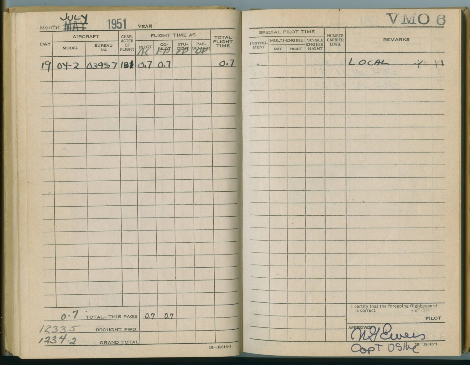 Marine Corps Pilot Flight Log Book, VMO-6, July 1951 – McAleer Collection (Korea Log Books, October 1948 – January 1952)