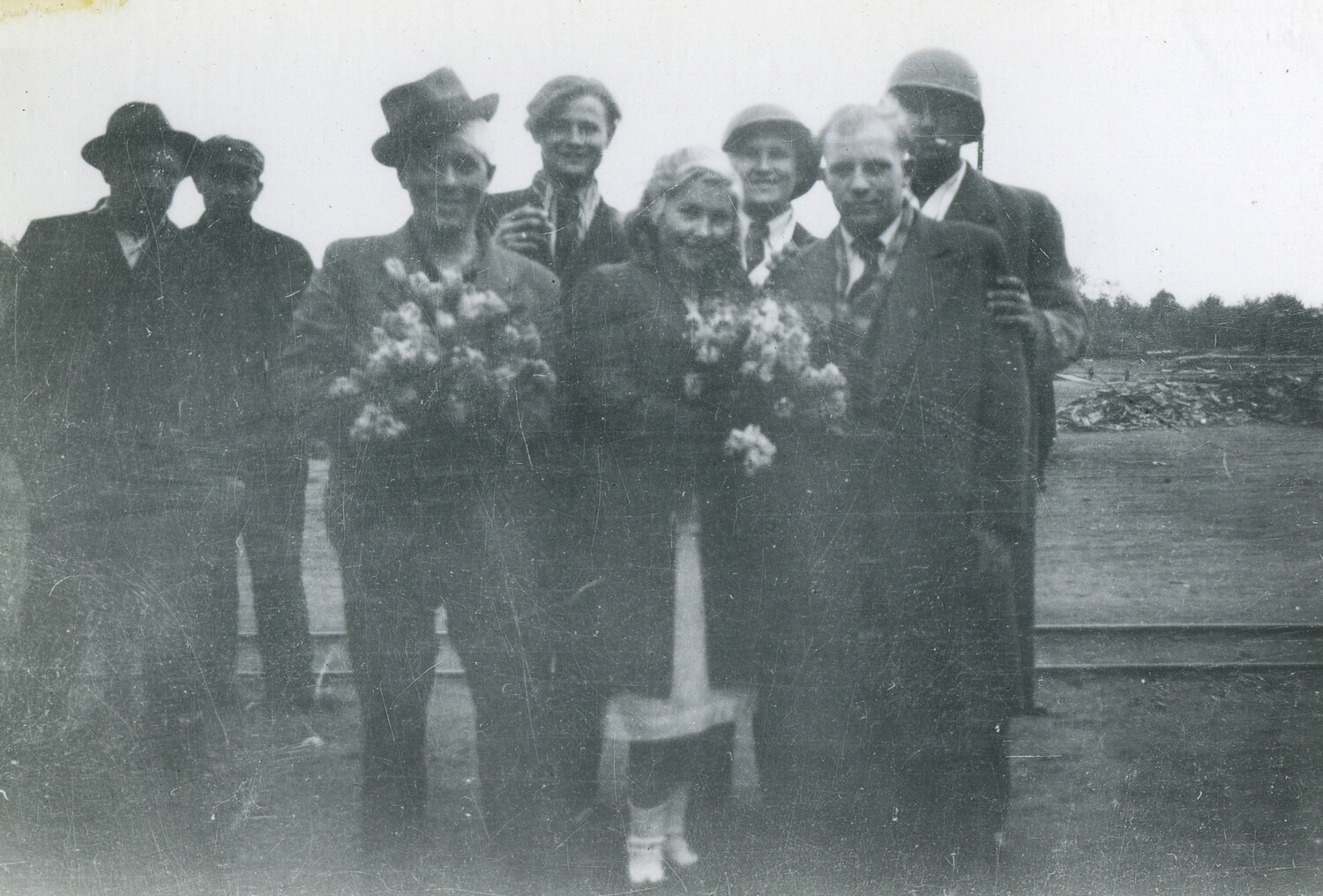 Celebration Gathering with American Soldier and Civilians, End of War in Europe, WWII