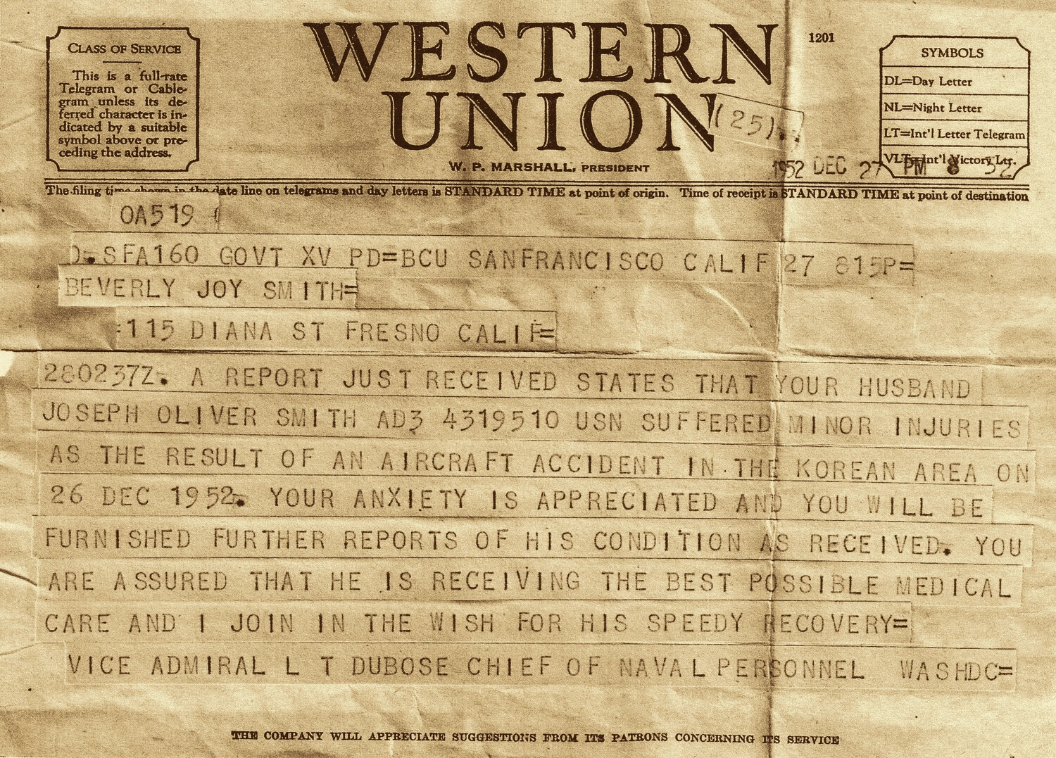 Western Union Telegram Notifying Next-of-Kin of Naval Aviator's Injury, Korean War, December 1952