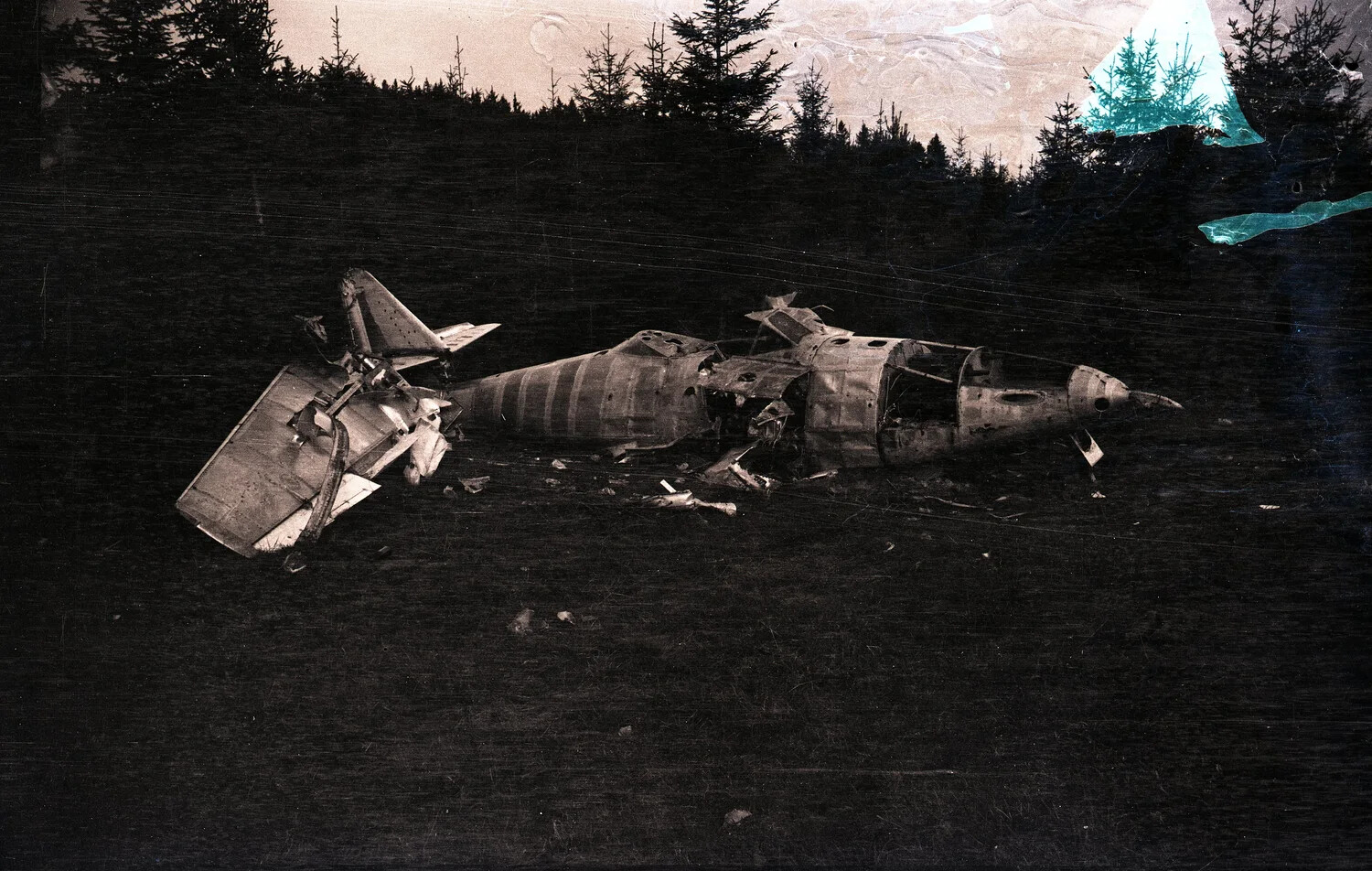Wreckage of a Crashed Military Aircraft in a Forest Clearing, WWII-era Germany