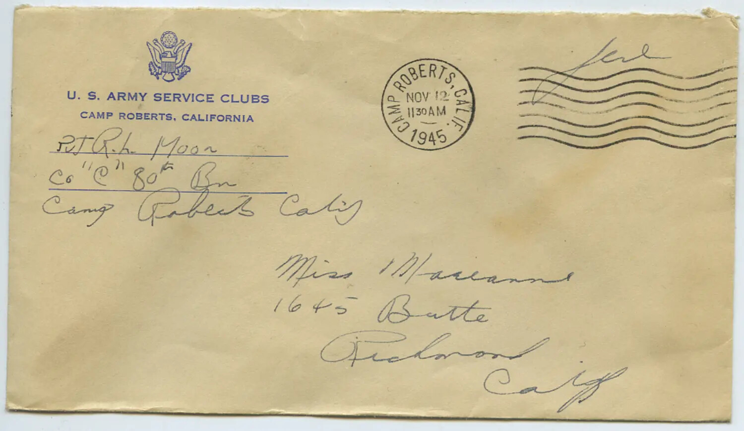 WWII Military Mail Envelope: Pvt. R.L. Moon, Camp Roberts, California, to Miss Marianne, Richmond, California (November 1945)